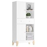 Hochschrank weiß, Highboard mit 1 Schublade 2 Türen 4 offfenen Regalen, Küchenschrank Bücherschrank Wohnzimmerschrank, 167x80x35cm