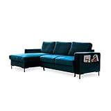 MIUFORM Ecksofa mit Schlaffunktion und Bettkasten | Lofty Lilly | Wohnladschaft Couch Schlafcouch Wohnzimmer Gästezimmer | Samt-Stoff Metallfüße (Petrolgrün, Links ausgerichtet)