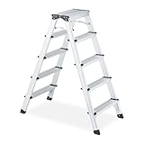 Relaxdays Trittleiter, 5 Stufen, klappbare Bockleiter, Alu, beidseitig begehbar, bis 120 kg, Stehleiter, Silber/schwarz, 10038587_994