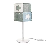 Paco Home Kinderlampe Tischlampe Kinderzimmer, Sternen-Motiv, Deko Tischleuchte E14, Lampenfuß: Weiß, Lampenschirm: Blau (Ø18 cm)