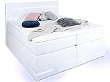 wonello Boxspringbett 160x200 mit Bettkasten und LED-Beleuchtung - gemütliches Bett mit LED Beleuchtung - Stauraumbett 160 x 200 cm mit Matratze und Topper - weiß Kunstleder