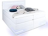 wonello Boxspringbett 160x200 mit Bettkasten und LED-Beleuchtung - gemütliches Bett mit LED Beleuchtung - Stauraumbett 160 x 200 cm mit Matratze und Topper - weiß Kunstleder