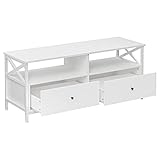 VASAGLE TV-Schrank, Lowboard für Fernseher bis zu 55 Zoll, 120 cm lang, Fernsehtisch mit 2 Schubladen, 2 offenen Fächern, 40 x 120 x 50 cm, Wohnzimmer, Stahlgestell, weiß LTV300B46