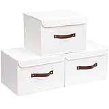 Yawinhe 3 Stück Aufbewahrungsbox 33x23x20cm mit Deckel, Faltbare Leinentuch Kleidung Ablagekorb für Handtücher, Bücher, Spielzeug (3-Pack), Weiß