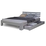 Homestyle4u 2251, Holzbett 140x200 mit Schubladen Grau Doppelbett mit Lattenrost Bettkasten Bett Holz Kiefer