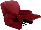 Samt Stretch Recliner Cover, 4 Stück Recliner Chair Cover Velvet Recliner Slipcover mit Seitentasche Recliner Protector (Color : Wine Red, Size : Recliner)