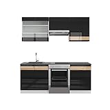 Vicco Küchenzeile Küchenblock Einbauküche Fame-Line Weiß Schwarz Eiche 200 cm modern Hochglanz Küchenschränke Küchenmöbel