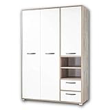 Stella Trading MOON Eleganter Kleiderschrank Jugendzimmer 3-türig - Vielseitiger Drehtürenschrank mit viel Stauraum in Driftwood Optik, weiß - 138 x 201 x 57 cm (B/H/T)