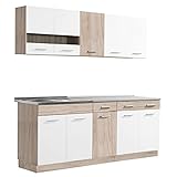 Homestyle4u 2356, Küche Küchenzeile Küchenblock Eiche Holz Weiß Einbauküche Single Küchen Schränke 200 cm