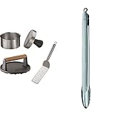 RÖSLE Barbecue Burger Set 3 tlg, Hochwertiges Burger Set mit Burgerpresse Pro, Edelstahl 18/10, Gusseisen emailliert & Gourmetzange, Hochwertige Küchenzange mit patentiertem Verschlusssystem,40 cm