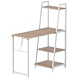 HOMCOM Schreibtisch klappbar mit 4 Tier Bücherregal, Computertisch, Bürotisch, E1 Spanplatte, Metallrahmen, Natur+Weiß, 106 x 48 x 128 cm