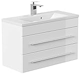 emotion | Waschbecken mit Unterschrank in Weiß Hochglanz | Made in Germany | B80 x H51 x T36 cm | Waschtischunterschrank mit Zwei Schubladen | Keramik-Badmöbel für designvolle Badezimmer