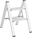 Klappleiter, 2 Stufen, Aluminium-Trittleiter, Klappleiter, Haushaltsleiter, rutschfeste Treppenleiter, Tragbar, Breites Pedal, Für Büro, Dachreinigung, Zuhause, Bis Zu 330 Lbs White,2step