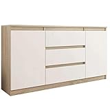 Framire R-140-S3 Kommode in Sonoma Eiche mit Weiß, Kommode mit 3 Schubladen, 2 Türen, Schrank für Schlafzimmer, Wohnzimmer, Bad, 76 x 140 x 40 cm