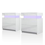 TUKAILAi 2X Nachttisch Weiß mit RGB Led Licht 2 Schubladen Nachtschrank Holz Beistelltisch Organizer Einheit Nachtkonsole Nachtkommode für Schlafzimmer Wohnzimmer