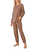 Clearlove Damen Pijama Set Lang Schlafanzug Winter Braun Zweiteilige Langarm Knopf Henley Schlafanzugoberteil Pyjamahose Waffelstrick Lounge Set mit Taschen L