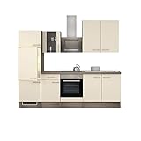RIWAA - Küchenzeile Belfast mit Elektrogeräten und Glas-Hängeschrank - 13-teilig - Breite 270 cm - Creme Samtmatt/Eiche Dekor