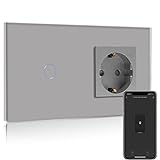 BSEED Normal Steckdose mit Smart Alexa Lichtschalter Kompatibel mit Alexa,Google Home, Glas Touchscreen-schalter,Smart Lichtschalter 1 Fach 1 Weg 16Amp Steckdose Grau (Neutrale Leitung benötigt)