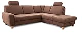 Cavadore Ecksofa Wisconsin mit Vorziehsitz / Eckcouch mit Federkern / Inkl. 2 Kopfstützen + Bettkasten / Landhausstil / Holzfüße in Buche / Mikrofaser / Größe: 248 x 88 x 218 cm (BxHxT) / Farbe: Braun