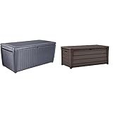 Keter Sumatra Auflagenbox, Kissenbox für draußen, 511 L, wetterfest, Deckel mit Gasdruckfeder, Außenmaße:145x73x64 cm & Kissenbox Brightwood, Braun, XXL Fassungsvermögen 455L, wetterfest