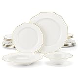 MALACASA Geschirrset für 4, 16-teiliges Bone China Tafelservice Serie LOTUS, Rundes weißes Kombiservice mit goldenem Rand, mit Speiseteller, Dessertteller, Suppenteller und Müslischale je 4