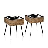 TUKAILAI Intelligenter Nachttisch 2er Set Smart Nachttisch mit Laderstation, Beistelltisch Nachtschrank mit LED-Licht und Schublade, Retro Nachtkommode 40×40×50 cm für Schlafzimmer Büro, Braun