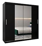 Kryspol Schwebetürenschrank Tokyo 1-200 cm mit Spiegel Kleiderschrank mit Kleiderstange und Einlegeboden Schlafzimmer- Wohnzimmerschrank Schiebetüren Modern Design (Schwarz)