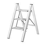Trittleiter, 3 Stufen, tragbare Aluminium-Leiter mit 31 cm breitem Pedal, leichte Küchen-Stufenleitern, faltbare Stufenleiter, platzsparende faltbare Stehleiter (weiß)