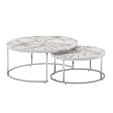 Wohnling Couchtisch 2er Set Weiß Silber Marmor Optik Sofatisch Rund Modern | Beistelltisch 2-teilig Metall | Runde Wohnzimmertische | Design Satztische