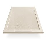 EGO INTERIORS Premium Design Duschwanne 140 x 70 cm Naturstein-optik, Farbe Creme, Flache Duschtasse aus Mineralguss, Rutschfeste Struktur, Superflach, Rechteckiges Duschbecken