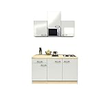 MMR Singleküche Derry - Küche mit E-Geräten - 2er Elektro-Kochfeld - Mikrowelle - 9-teilig - Breite 150 cm - Perlmutt Weiß