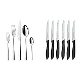 WMF Boston Besteck Set 12 Personen, Essbesteck 60 teilig, Monobloc-Messer, Cromargan Edelstahl poliert & Classic Line Frühstücksmesser Set 6-teilig, 23 cm, Brötchenmesser Wellenschliff, schwarz