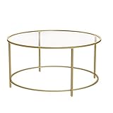 VASAGLE Couchtisch, Beistelltisch rund, Glastisch mit Metallgestell, Hartglas, Nachttisch, Sofatisch, für Balkon, golden LGT21G