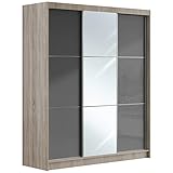 MKS MEBLE Kleiderschrank mit Spiegel 180 cm - Schwebetürenschrank Flurschrank Wardrobe - Schlafzimmerschrank Sammlung Valencia - Eiche Sonoma-Grau mit Spiegel - Modern Design
