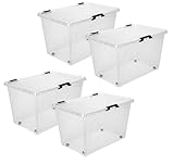 Dynamic24 Aufbewahrungsbox 52L mit Deckel, Rollen und Clipverschluss 60x40xH35cm Kunststoffbox Stapelbox Lager Regal Box transparent stapelbar Stapelboxen für Kleidung Spielzeug Deko Aufbewahrung