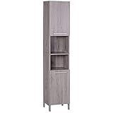 kleankin Badezimmerschrank, Hochschrank, Badschrank mit Türen, Aufbewahrungsschrank mit 2 offener Regalfächern, Toilettenschrank mit Kippschutz, Grau, 30 x 32 x 172,5 cm