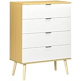 HOMCOM Kommode mit 4 Schubladen, Sideboard mit Kiefernholzbeine, Schubladenschrank, Nachttisch mit Kippschutz, Beistellschrank für Wohnzimmer, Schlafzimmer, Weiß+Natur, 72 x 36 x 97 cm