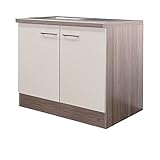 RIWAA - Spülenschrank Belfast mit Spüle Küche - Creme Samtmatt/Eiche Dekor - 2-türig - 100 cm Breite