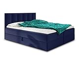 Boxspringbett Star mit Topper, Bonell-Matratze und 2 Bettkästen, Doppelbett, Polsterbett, Bett, Bettgestell, Stilvoll, Schlafzimmer, Velour oder Webstoff (Dunkelblau (Kronos 09), 140 x 200 cm)