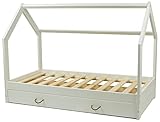 Kinderbett mit Schublade Hausbett Einzelbett Spielbett Schubkastenbett 160x80cm (Farbe: weiß)
