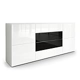 Vladon Sideboard Rova, Kommode mit 4 Türen und 4 Schubladen, Weiß matt/Weiß Hochglanz/Schwarz Hochglanz (166 x 72 x 35 cm)