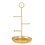 LOVIVER Aufsatz Metall Schmuckständer Zum Aufhängen, Organizer mit Rundem Tablett, Ohrring Halsketten Armband Halter für Damen, 17,3 X 35,6 Cm, Elegant, Golden