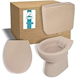 Calmwaters® Spülrandloses Stand-WC mit waagerechtem Abgang, Komplettset mit Aufputz-Spülkasten und WC-Sitz in Bahamabeige-Beige, Tiefspüler aus Sanitärkeramik, WC-Sitz mit Absenkautomatik, 99000181