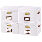 Yawinhe Faltbare Aufbewahrungsbox Aufbewahrungsboxen mit Deckel, 4er Set, Aufbewahrungskiste mit 3 Griff, Groß Faltbox für Schränke, Kleidung, Bücher, Spielzeug usw, 38x25x25cm, Weiß, SNK038W-4