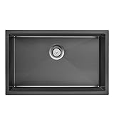 Auralum Spülbecken Schwarz 70 x 44 cm, Groß Handgefertigte Spülbecken Küche, für ab 80 cm Küchenschrank, inkl. Siphon, Über- und Ablauf-Set, Flächenbündig/Einbau Spülbecken Edelstahl
