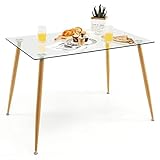 COSTWAY Rechteckiger Esstisch aus Glas, 110x70cm, Moderner Küchentisch, Beine mit Holz, Glastisch mit verstellbaren Fußpolstern, für Esszimmer Wohnzimmer Küche, Esszimmertisch Natur