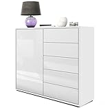 Vladon Sideboard Ben V2, Kommode mit 1 Tür und 5 Schubladen, Weiß matt/Weiß Hochglanz (79 x 74 x 36 cm)