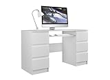 VBChome Schreibtisch 130 x 51 x 76 cm Weiß Matt Schreibtisch mit 6 Schubladen Computer-Schreibtisch Bürotisch Computertisch Arbeitstisch PC-Tisch Laptoptisch Weiß Matt