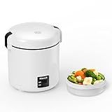 Reiskocher klein & Bento-Box für 1-2 Personen,（0.3 liter, 1,5 Tassen), Mini Rice Cooker mit abnehmbarem Topf mit Antihaftbeschichtung, One Touch & Warmhaltefunktion, 200 Watt (Schwarz)