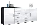 Vladon Sideboard Faro V2, Kommode mit 2 Türen und 4 Schubladen, Schwarz matt/Weiß Hochglanz (166 x 72 x 35 cm)